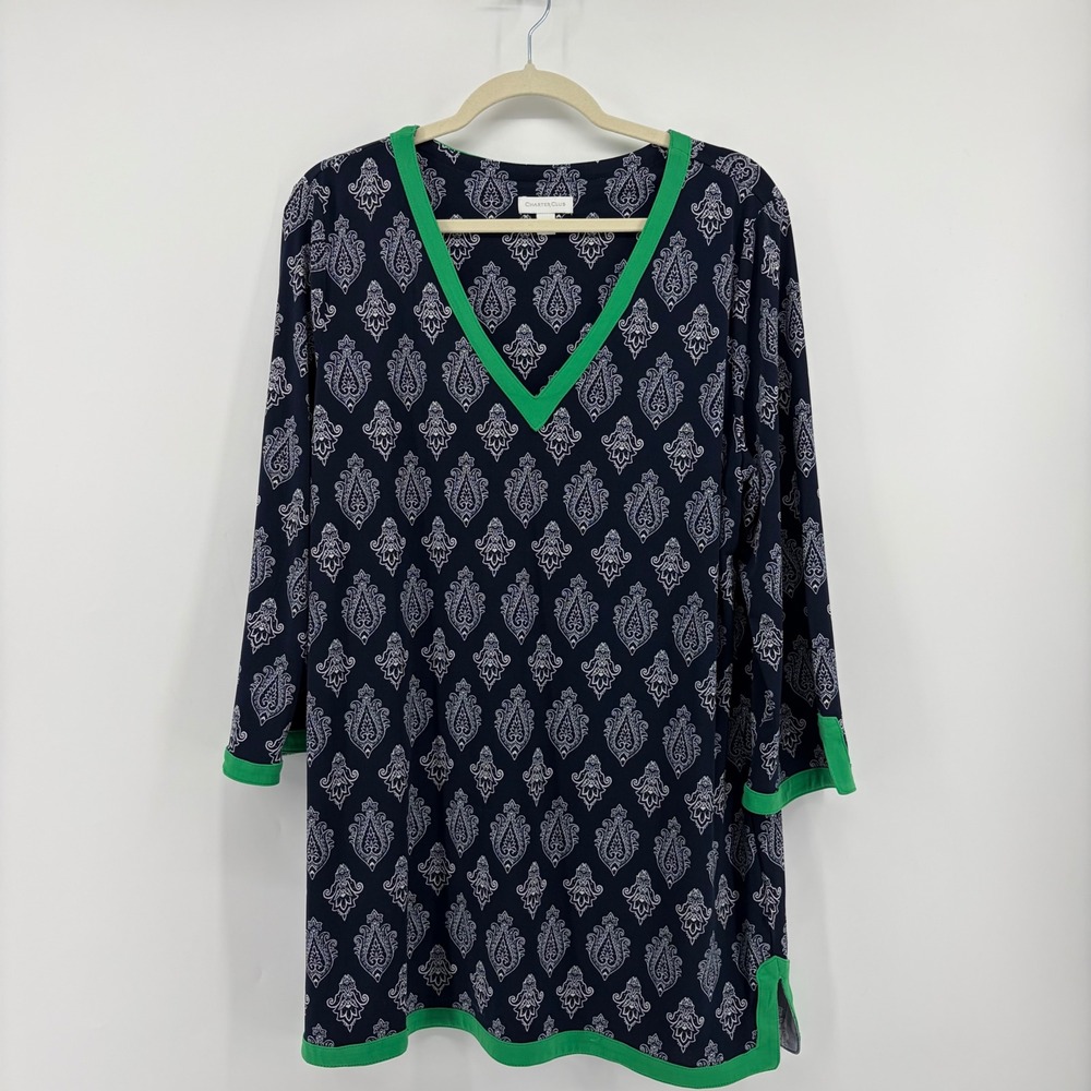 Charter Club Tunic Top Navy Green Women Large Paisley V-Neck 3/4 Sleeve Slit Hem